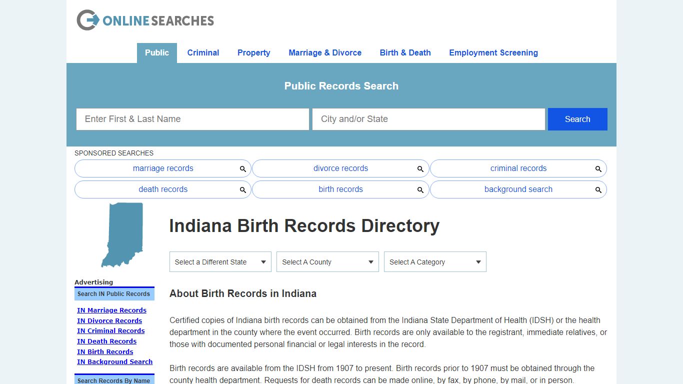 Indiana Birth Records Search Directory - OnlineSearches.com